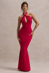 Red Halter-Neck Cut-Out Maxi Dress With Bow